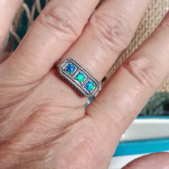 1CT Blue Fire Opal 925 Sterling Silver Art Nouveau - Picture 4 of 5